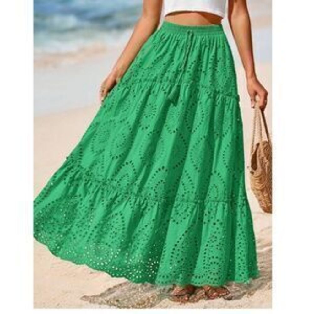 Boho Eyelet Lace stretchy waist Flowy Maxi Skirt - Picture 2 of 3